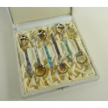 CASED SET OF SIX NORWEGIAN SILVER & ENAMEL KRISTIAN HESTENES COFFEE SPOONS, stamped 'Sterling 925S