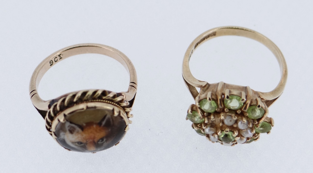 TWO 9CT GOLD RINGS one set with peridot and seed pearls, size M, the other decorated with fox - Image 2 of 2