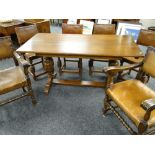 ELIZABETHAN STYLE OAK TRESTLE DINING TABLE, 152cms long together with set of six stained oak and