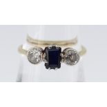 18CT GOLD & PLATINUM DIAMOND & SAPPHIRE RING, the central rectangular sapphire flanked by two