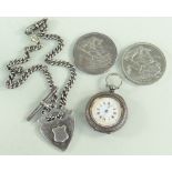 ASSORTED SILVER COINS & WATCHES to include silver fancy fob watch, silver 'T' bar pocket watch chain