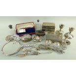 ASSORTED SILVER COLLECTABLES including two cigarette boxes, silver back hand mirror, several salt