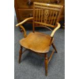 VICTORIAN ELM & FRUITWOOD MENDLESHAM ARMCHAIR with ball mounted stick back with pierced splat,