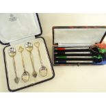 CASED SET OF FOUR STERLING SILVER PENCILS POSSIBLY FOR BRIDGE, together with cased set of four