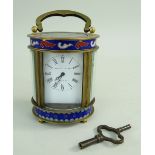 SMALL GILT BRASS & ENAMEL BOUDOIR CARRIAGE TIMEPIECE BY ELLIOTT & SONS decorated with champleve
