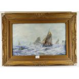 LATE 19TH CENTURY ENGLISH SCHOOL oil on card - fishing vessels in choppy waters, 20 x 50cms