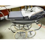 VINTAGE SILVER CREST GREY PRAM with turned white wood handle, 94cms long