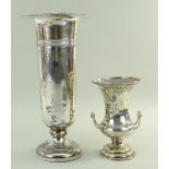 TWO SILVER VASES, one tall vase by Walker & Hall, Sheffield 1928, 11.5oz, 23cms high, engraved foot,