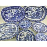 GROUP OF 19TH CENTURY BLUE & WHITE PRINTED POTTERY, including four Willow pattern meat platters,