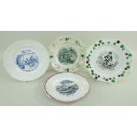 FOUR 19TH CENTURY POTTERY COCKLE OR NURSERY PLATES, including plates printed 'The Italian Savoyard',