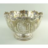 GEORGE V SILVER ROSE BOWL BY D & J WELLBY, LONDON, mask and c-scrolled rim on fluted bowl with