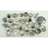 ASSORTED WHITE METAL & SILVER JEWELLERY comprising twenty seven rings some gem and coin set, two