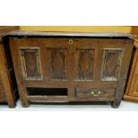 EARLY 18TH CENTURY JOINED OAK MULE CHEST, boarded moulded top on panelled front with two apron
