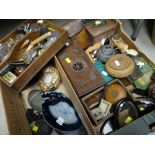ASSORTED DECORATIVE MODERN & VINTAGE ORNAMENTS including boxes, wood doll, glass flasks, polished