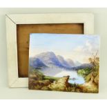 ENGLISH PAINTED PORCELAIN PLAQUE, depicting a highland view of Loch Achray, mountains in the