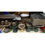 SIX VARIOUS KITCHEN WEIGHING SCALES including one by Avery and associated weights