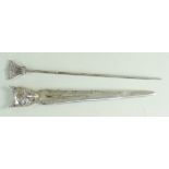 SILVER FOX HEAD LETTER OPENER, CHESTER 1904, together with a silver meat skewer having crown