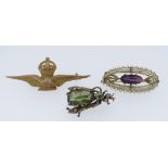 THREE ASSORTED BAR BROOCHES comprising 10k gold amethyst and seed pearl oval brooch, silver (800)