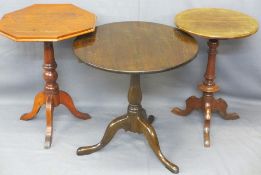 ANTIQUE OAK TRIPOD TABLE and two others, 66.5cms H, 67cms D top the oak, the mahogany example with a