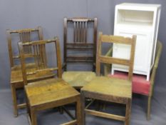 FARMHOUSE CHAIRS (3), a rush seated elbow chair, Loom type tub chair and a white painted bedside