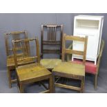 FARMHOUSE CHAIRS (3), a rush seated elbow chair, Loom type tub chair and a white painted bedside