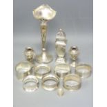 SMALL SILVER, A QUANTITY to include seven napkin rings, sterling thimble, three small vases (