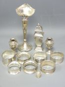 SMALL SILVER, A QUANTITY to include seven napkin rings, sterling thimble, three small vases (