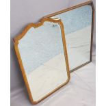 VINTAGE WALNUT FRAMED WALL MIRROR with shaped bevelled edging and one other oak framed, 80 x 49.5cms