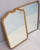 VINTAGE WALNUT FRAMED WALL MIRROR with shaped bevelled edging and one other oak framed, 80 x 49.5cms