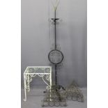 WROUGHT IRON STANDARD LAMP, vintage metalware wine racks and a glass top occasional table