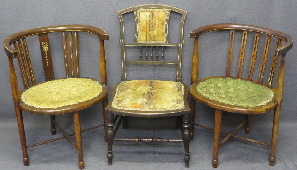 TUB CHAIRS, two similar, one with inlaid garland detail and another similar era salon chair