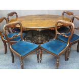 ROSEWOOD TILT-TOP BREAKFAST TABLE on central pedestal, 74cms H, 154cms W, 106cms D and six