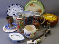 MIXED POTTERY & PORCELAIN including a Poole biscuit barrel, two German steins ETC