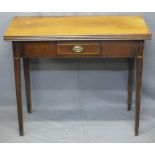 MAHOGANY FOLDOVER TEA TABLE with single drawer on tapered supports, 75cms H, 92cms W, 46cms D