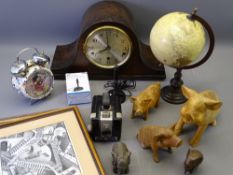 VINTAGE OAK MANTEL CLOCK, modern carved wooden pigs and other items of interest