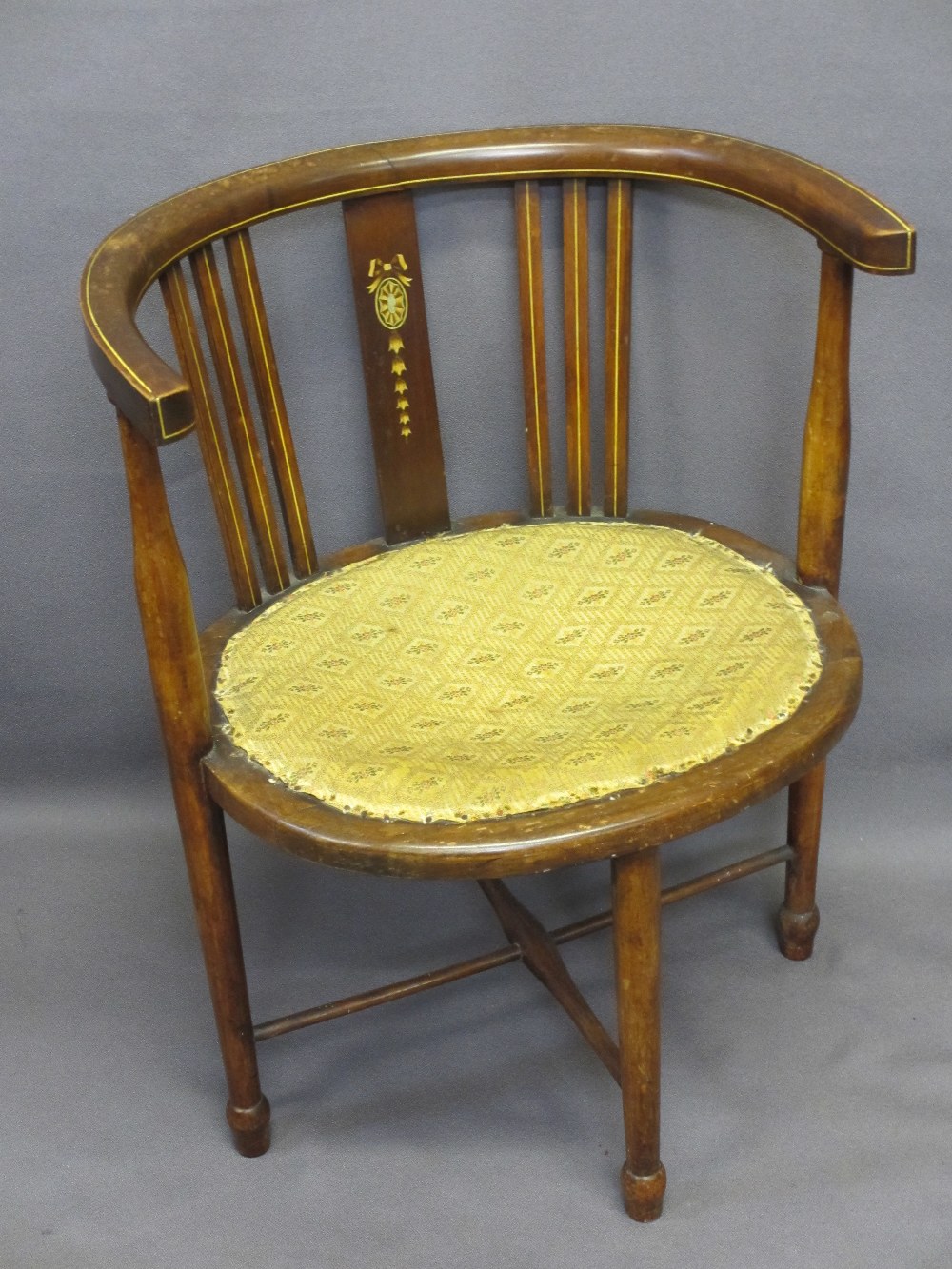 TUB CHAIRS, two similar, one with inlaid garland detail and another similar era salon chair - Image 2 of 4