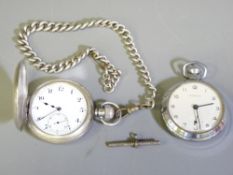 SILVER CASED HALF HUNTER POCKET WATCH & CHAIN with one other, the outer case with blue enamel