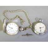 SILVER CASED HALF HUNTER POCKET WATCH & CHAIN with one other, the outer case with blue enamel