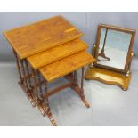 REPRODUCTION WALNUT EFFECT NEST OF THREE COFFEE TABLES and a mahogany toilet mirror