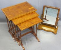 REPRODUCTION WALNUT EFFECT NEST OF THREE COFFEE TABLES and a mahogany toilet mirror