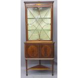 QUALITY EDWARDIAN INLAID MAHOGANY CORNER CABINET with upper astragal glazed door and shaped