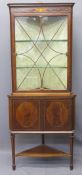 QUALITY EDWARDIAN INLAID MAHOGANY CORNER CABINET with upper astragal glazed door and shaped