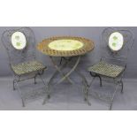 FRENCH STYLE METAL GARDEN FURNITURE comprising circular table and a pair of chairs, 76cms table