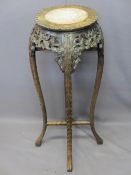 CHINESE CARVED HARDWOOD STAND with inset marble top, 90 x 40cms