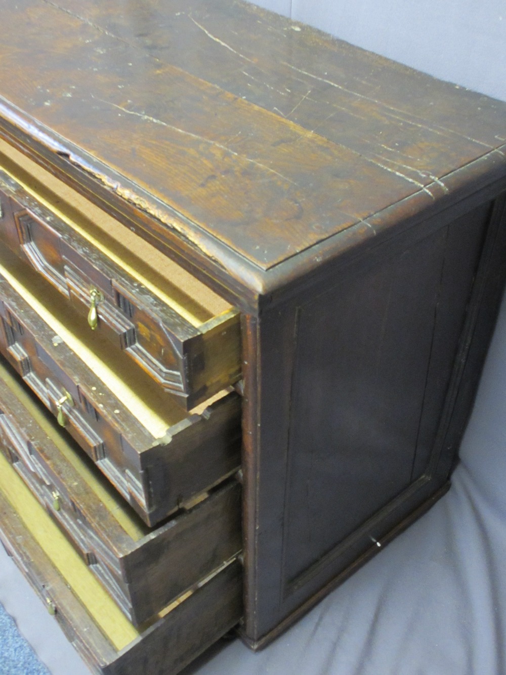 VICTORIAN JACOBETHAN CHEST of four long pine lined drawers, various patterned panels to the front, - Image 3 of 4