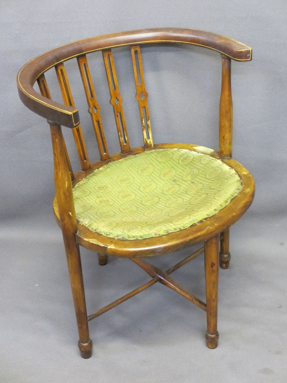 TUB CHAIRS, two similar, one with inlaid garland detail and another similar era salon chair - Image 3 of 4