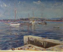 H BOWYER oil on board - moored sailing boats, signed right hand side, 32 x 42cms