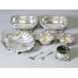 SMALL SILVER, A MIXED GROUP OF DISHES & SALTS to include a shell shape dish on ball feet, Birmingham