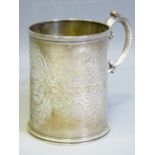 VICTORIAN SILVER PRESENTATION TANKARD, London 1868 with scroll handle and engine turned and relief