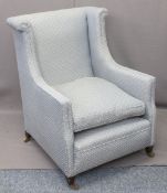 CIRCA 1900 SALON ARMCHAIR nicely reupholstered in blue fabric, raised on brass castors, 93cms H,